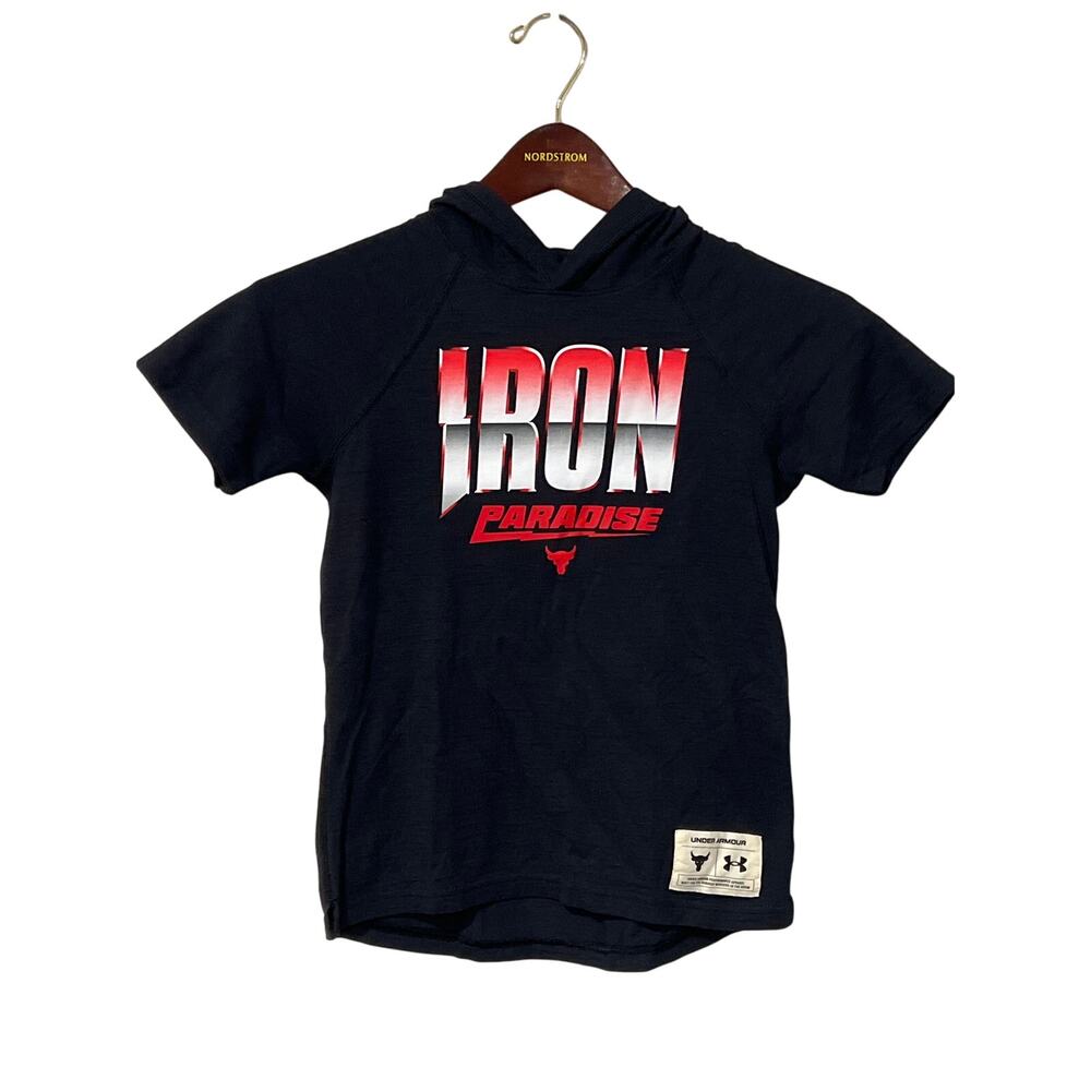 Boys Under Armour Project Rock Hooded T-Shirt, Iron Paradise, Size YXS, KB390